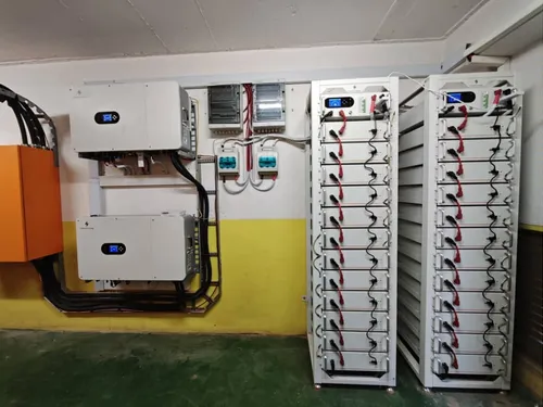 Hybrid inverters and two lithium battery racks in a technical room